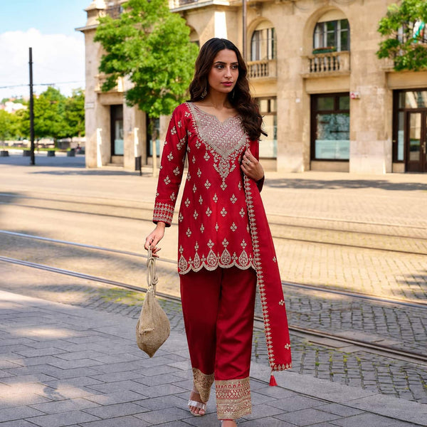 Ruby Red Silk Embroidered Readymade Salwar Kameez by Naksh Creation