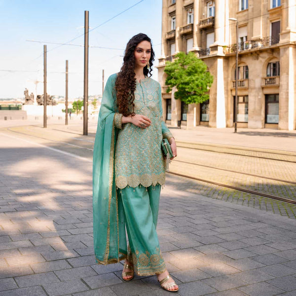 Sea Green Silk Embroidered Readymade Salwar Kameez by Naksh Creation