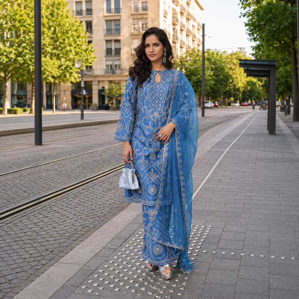 Steel Blue Silk Embroidered Readymade Salwar Kameez by Naksh Creation