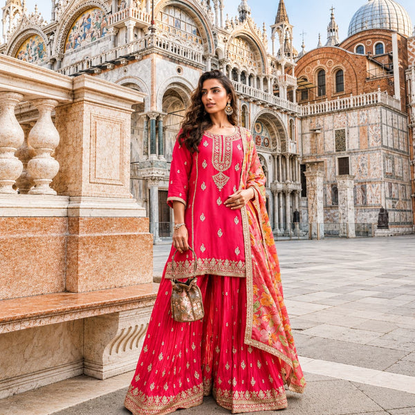 Pink Premium Natural Crepe Silk Beads Embroidered Farsi Palazzo Readymade Suit
