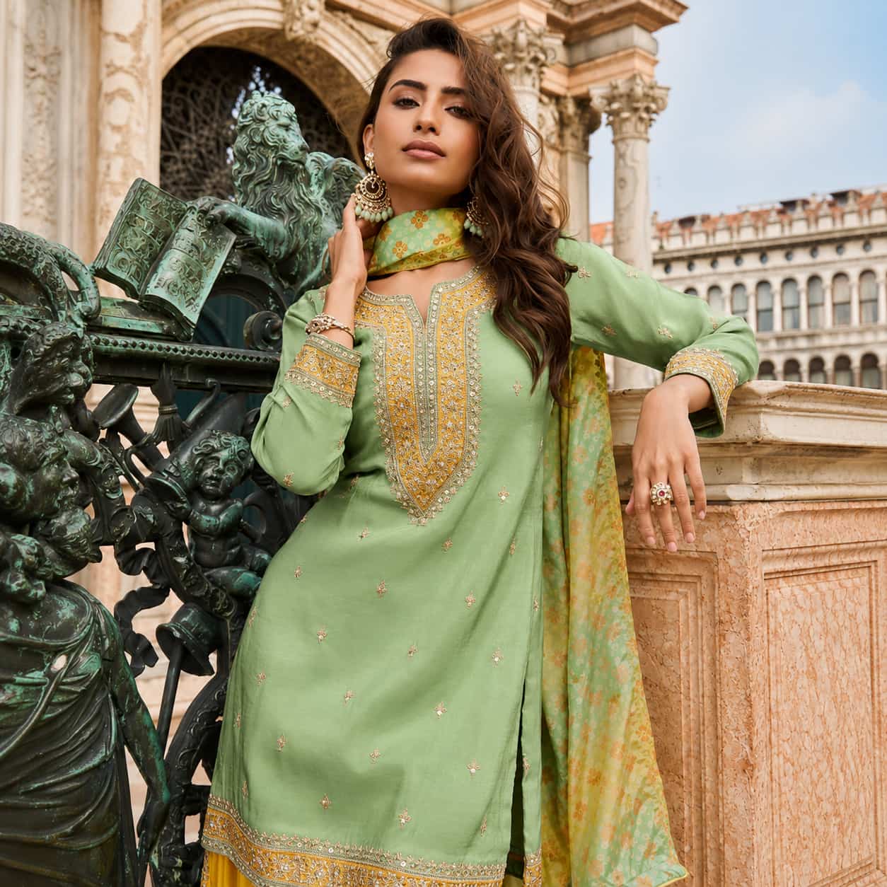 Sage Green & Yellow Premium Natural Crepe Silk Beads Embroidered Farsi Palazzo Readymade Suit
