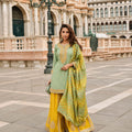 Sage Green and Yellow Premium Natural Crepe Silk Beads Embroidered Farsi Palazzo Readymade Suit