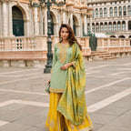 Sage Green and Yellow Premium Natural Crepe Silk Beads Embroidered Farsi Palazzo Readymade Suit