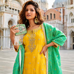 Yellow Crepe Silk Beads Work Palazzo Suit