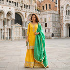 Yellow Premium Natural Crepe Silk Beads Embroidered Farsi Palazzo Readymade Suit with Green Dupatta