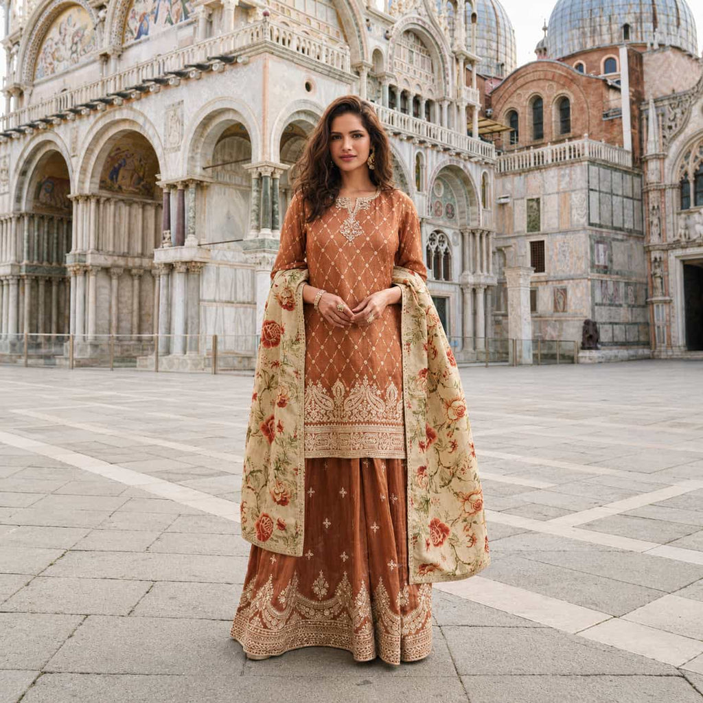 Rust Copper Premium Natural Crepe Silk Beads Embroidered Farsi Palazzo Readymade Suit with Cream Floral Dupatta