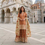 Rust Copper Premium Natural Crepe Silk Beads Embroidered Farsi Palazzo Readymade Suit with Cream Floral Dupatta
