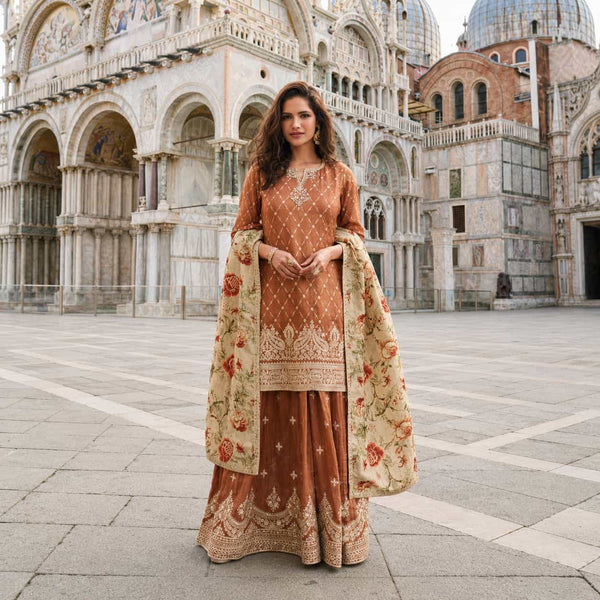 Rust Copper Premium Natural Crepe Silk Beads Embroidered Farsi Palazzo Readymade Suit with Cream Floral Dupatta