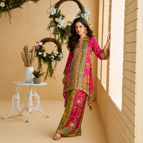 Wine red digital print crape silk cord set with ethnic motifs