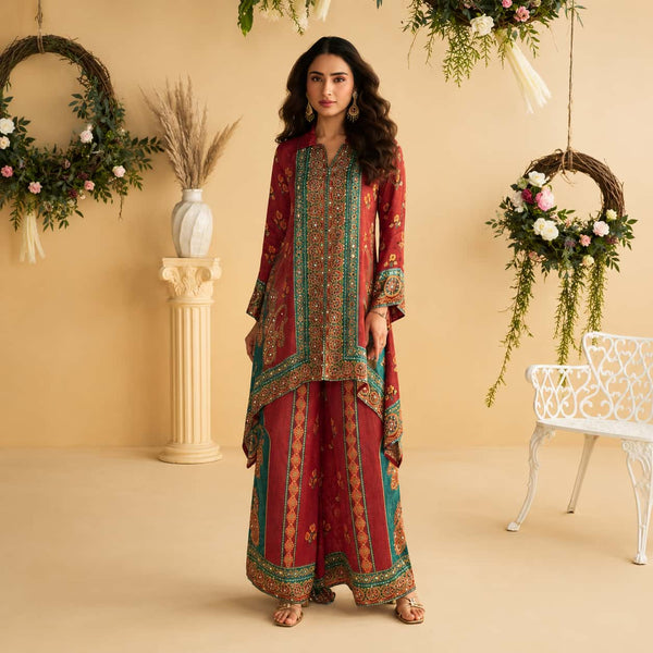 Wine Red Premium Crepe Silk Embroidered Indo Western Suit
