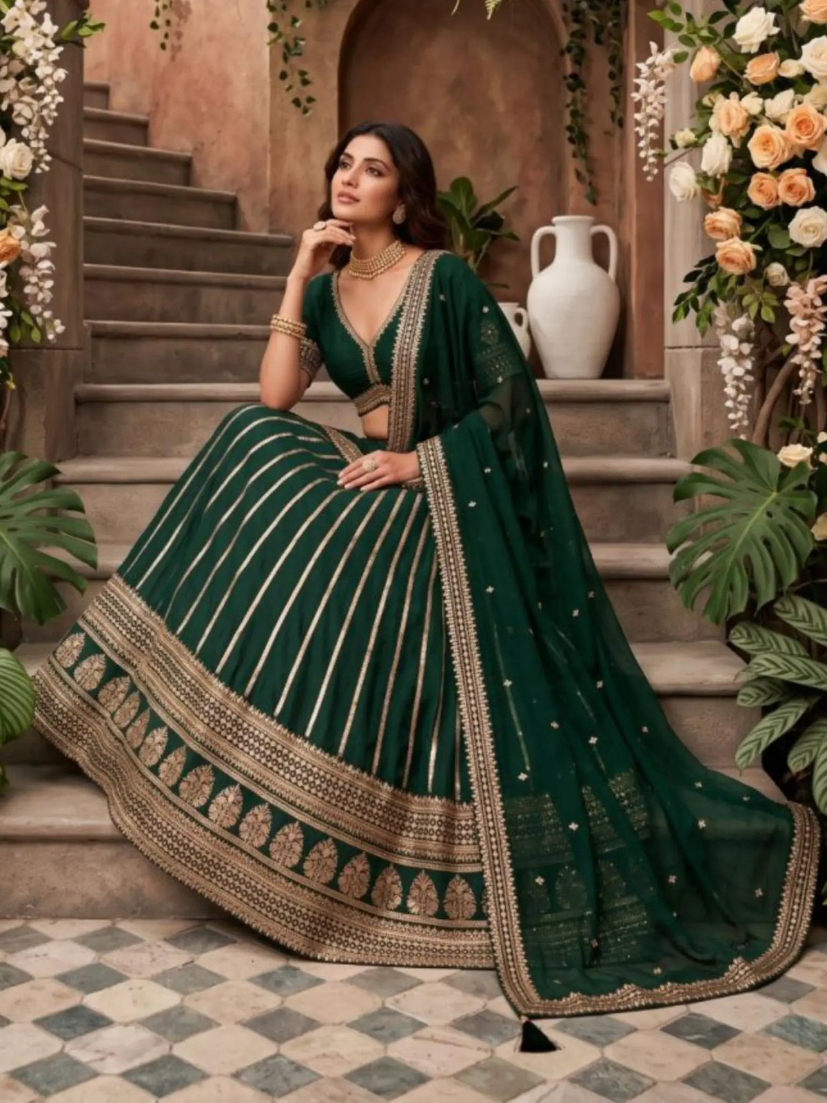Emerald Green Heavy Zari Embroidered Silk Readymade Lehenga Choli - Angle View 3