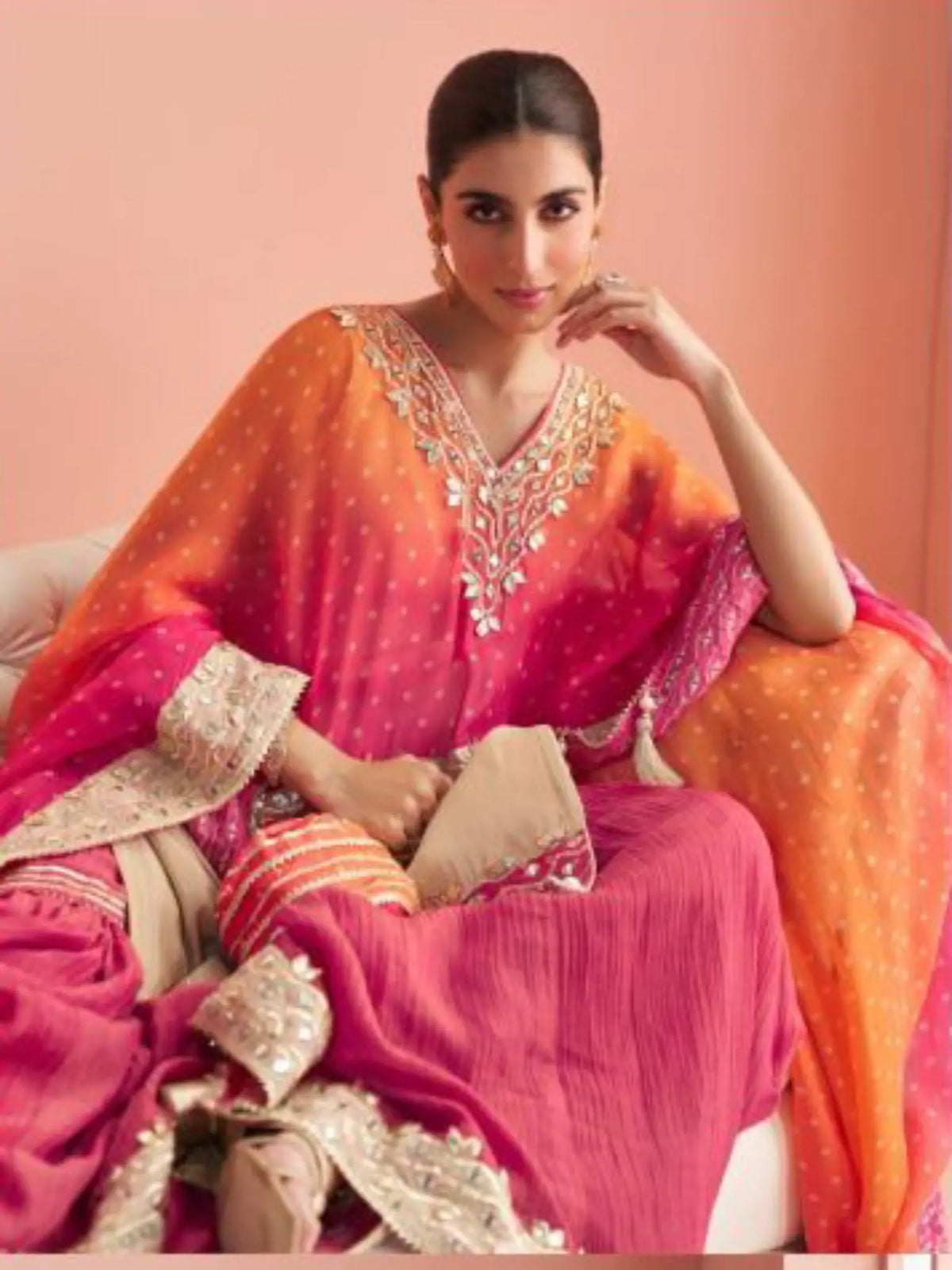 Rani Pink Shimmer Silk Poncho Kaftan Sharara Suit Set - View 2