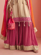 Rani Pink Shimmer Silk Poncho Kaftan Sharara Suit Set - View 3