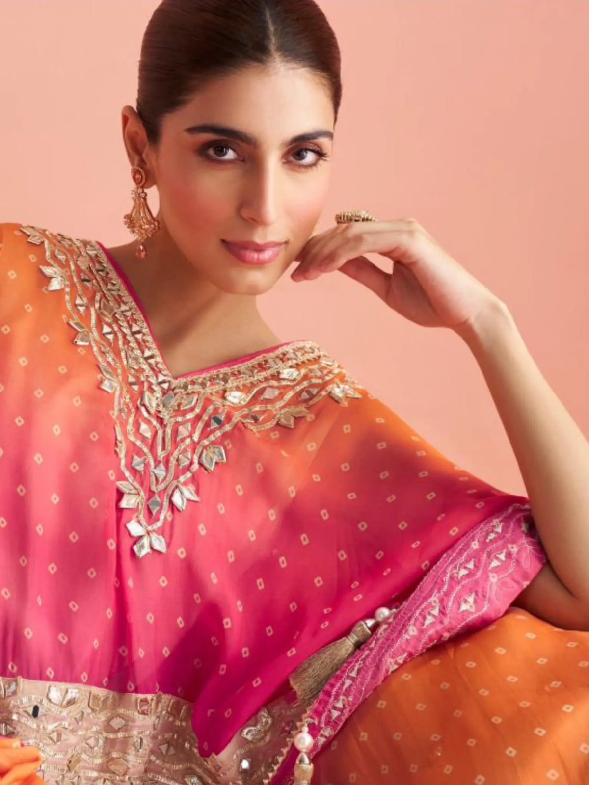 Rani Pink Shimmer Silk Poncho Kaftan Sharara Suit Set - View 4