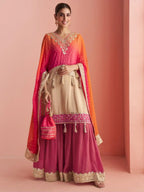Rani Pink Shimmer Silk Poncho Kaftan Sharara Suit Set - View 1