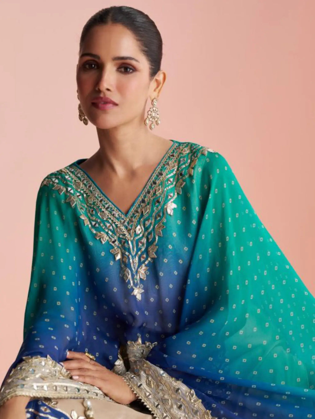 Peacock Blue Shimmer Silk Poncho Kaftan Sharara Suit Set - View 2