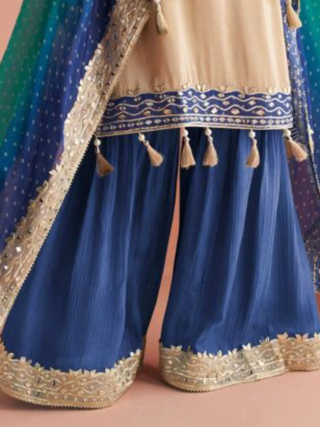 Peacock Blue Shimmer Silk Poncho Kaftan Sharara Suit Set - View 3