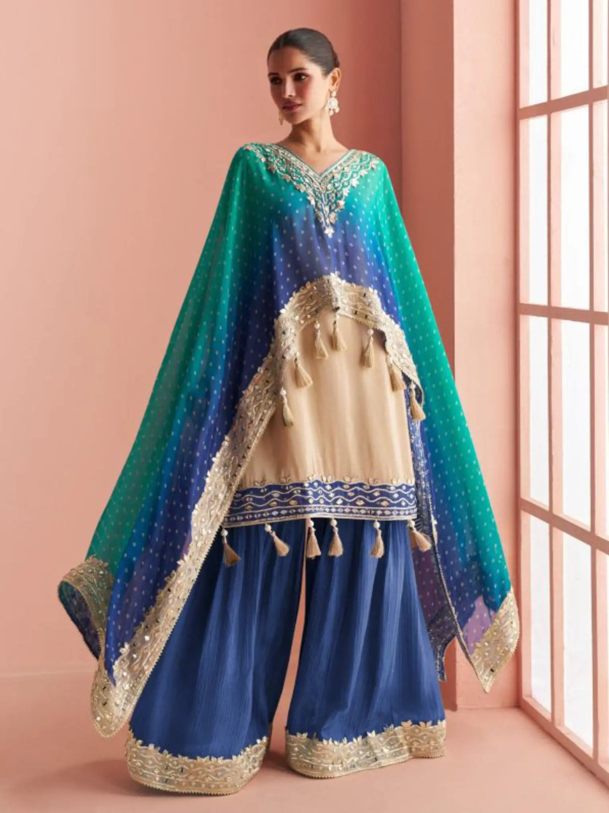 Peacock Blue Shimmer Silk Poncho Kaftan Sharara Suit Set - View 1
