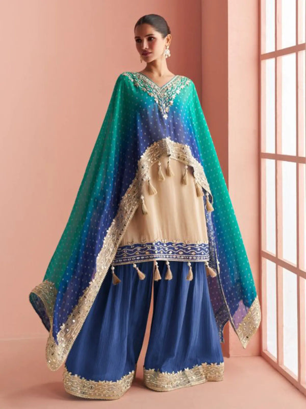Peacock Blue Shimmer Silk Poncho Kaftan Sharara Suit Set - View 1