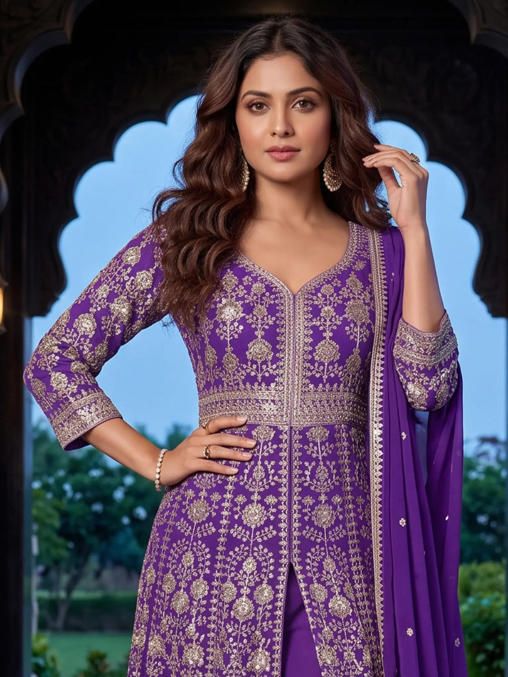 Purple Embroidered Chinon Front Slit Indo Western Palazzo Suit Set - View 2