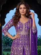 Purple Embroidered Chinon Front Slit Indo Western Palazzo Suit Set - View 2