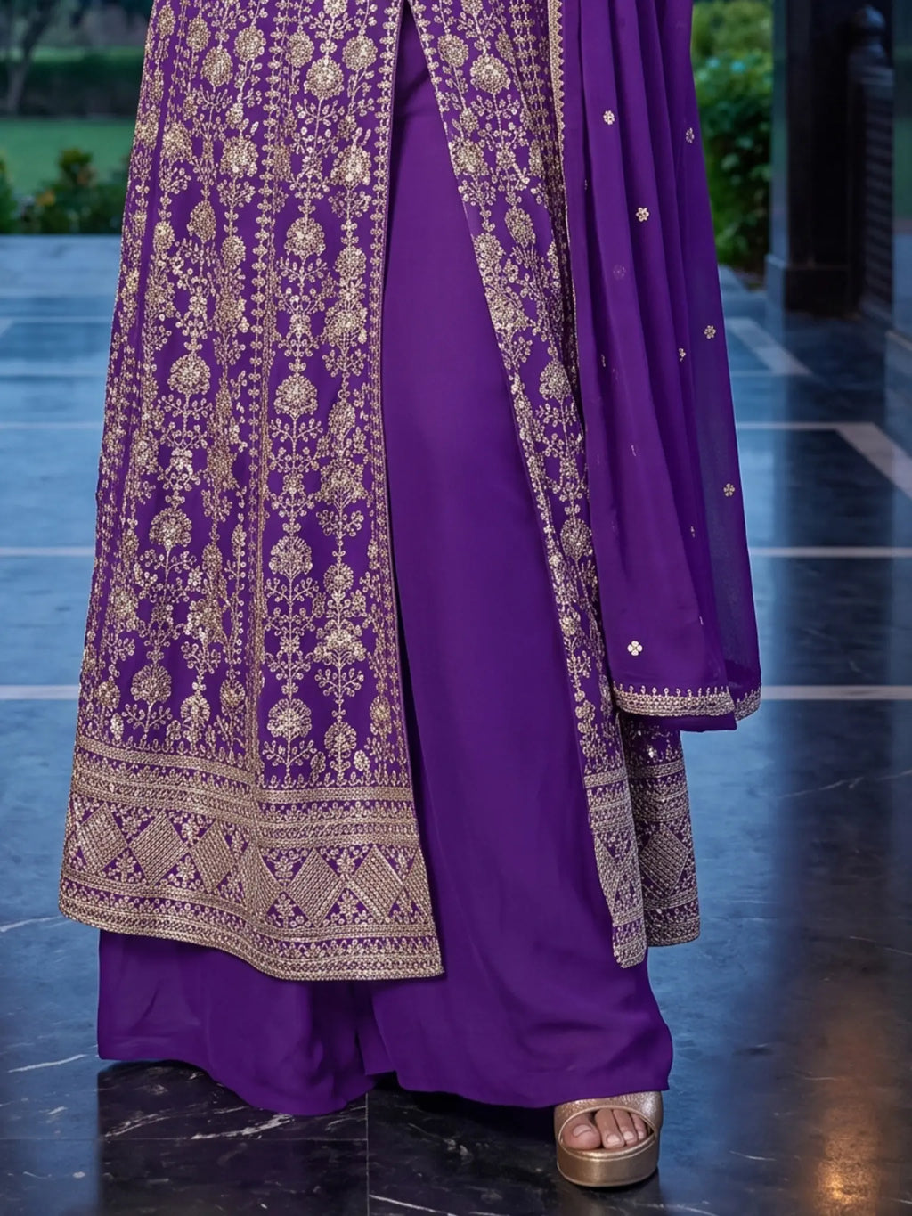 Purple Embroidered Chinon Front Slit Indo Western Palazzo Suit Set - View 3