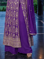 Purple Embroidered Chinon Front Slit Indo Western Palazzo Suit Set - View 3