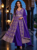 Purple Embroidered Chinon Front Slit Indo Western Palazzo Suit Set - View 4