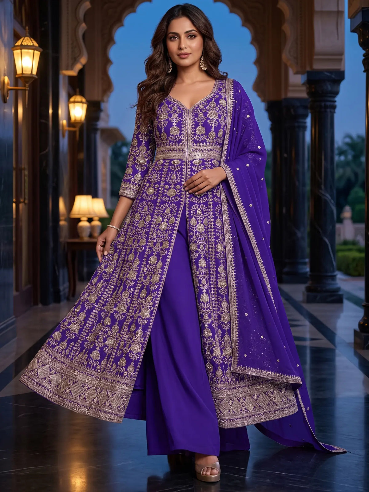 Purple Embroidered Chinon Front Slit Indo Western Palazzo Suit Set - View 4