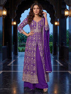 Purple Embroidered Chinon Front Slit Indo Western Palazzo Suit Set - View 1
