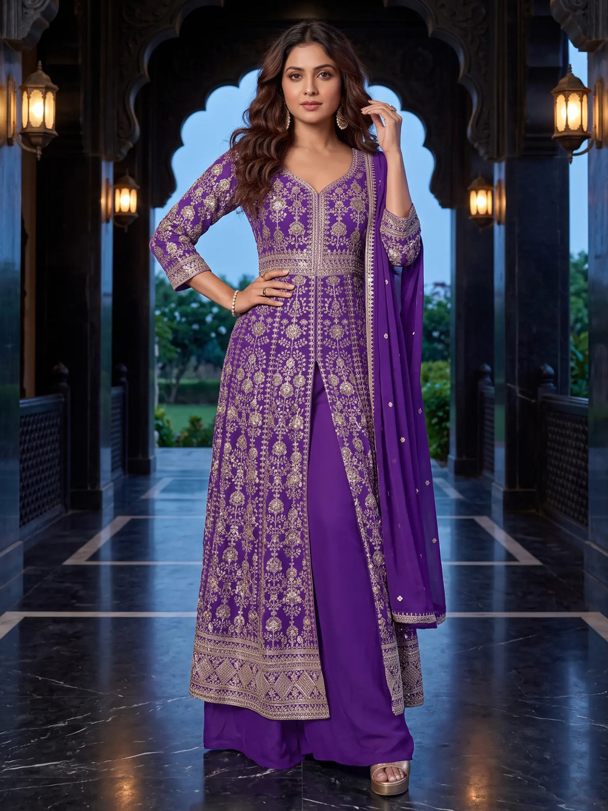 Purple Embroidered Chinon Front Slit Indo Western Palazzo Suit Set - View 1