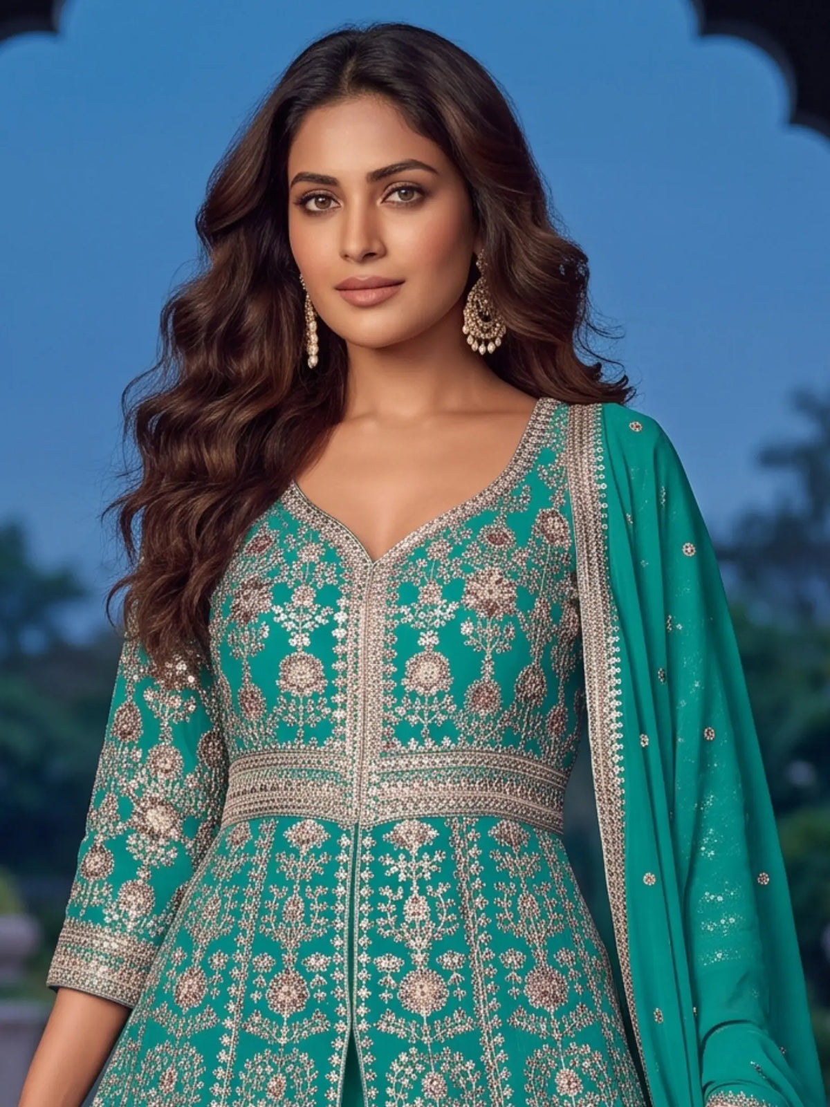 Teal Blue Embroidered Chinon Front Slit Indo Western Palazzo Suit Set - View 2