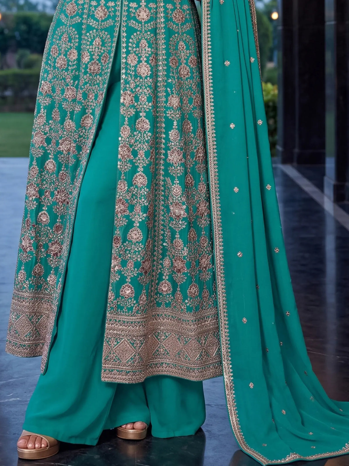 Teal Blue Embroidered Chinon Front Slit Indo Western Palazzo Suit Set - View 3