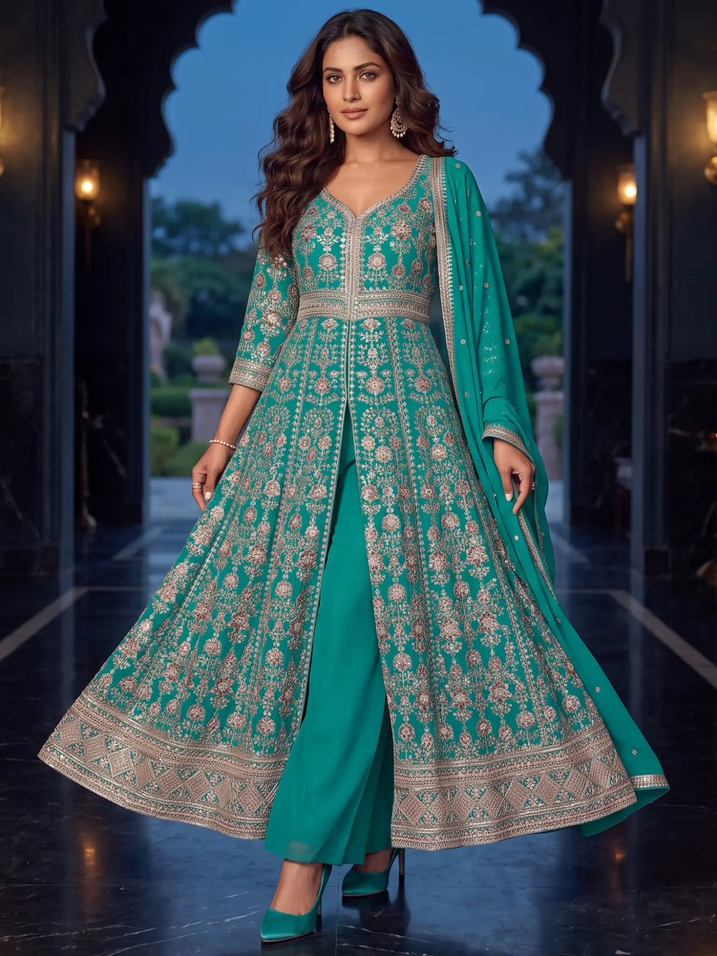 Teal Blue Embroidered Chinon Front Slit Indo Western Palazzo Suit Set - View 4
