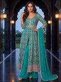 Teal Blue Embroidered Chinon Front Slit Indo Western Palazzo Suit Set