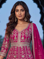 Rani Pink Embroidered Chinon Front Slit Indo Western Palazzo Suit Set - View 2