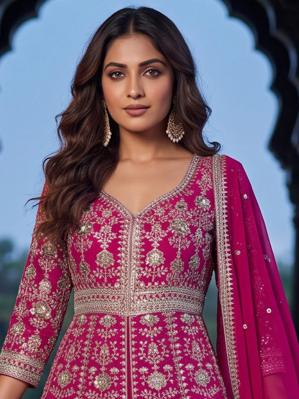 Rani Pink Embroidered Chinon Front Slit Indo Western Palazzo Suit Set - View 2