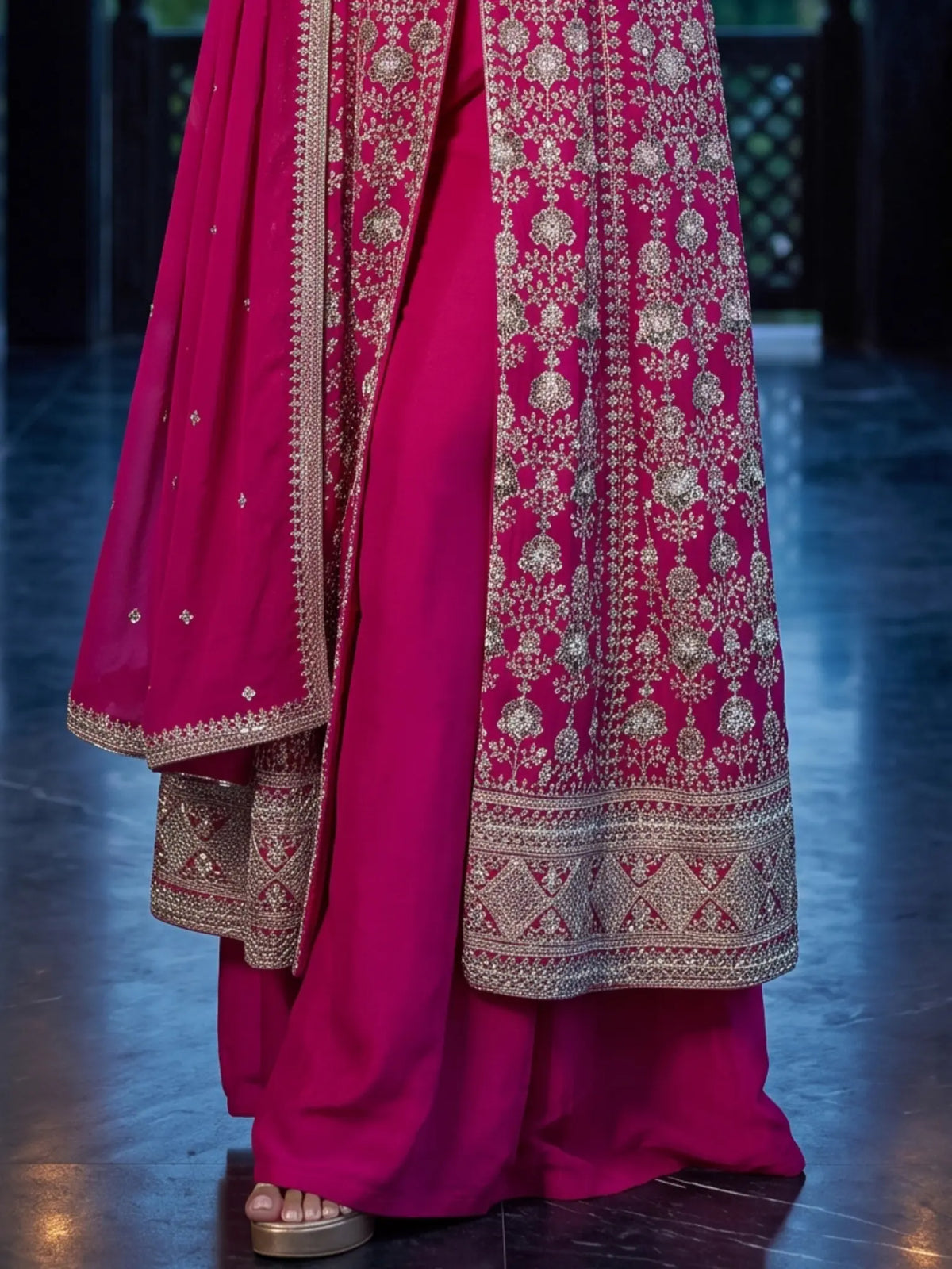Rani Pink Embroidered Chinon Front Slit Indo Western Palazzo Suit Set - View 3