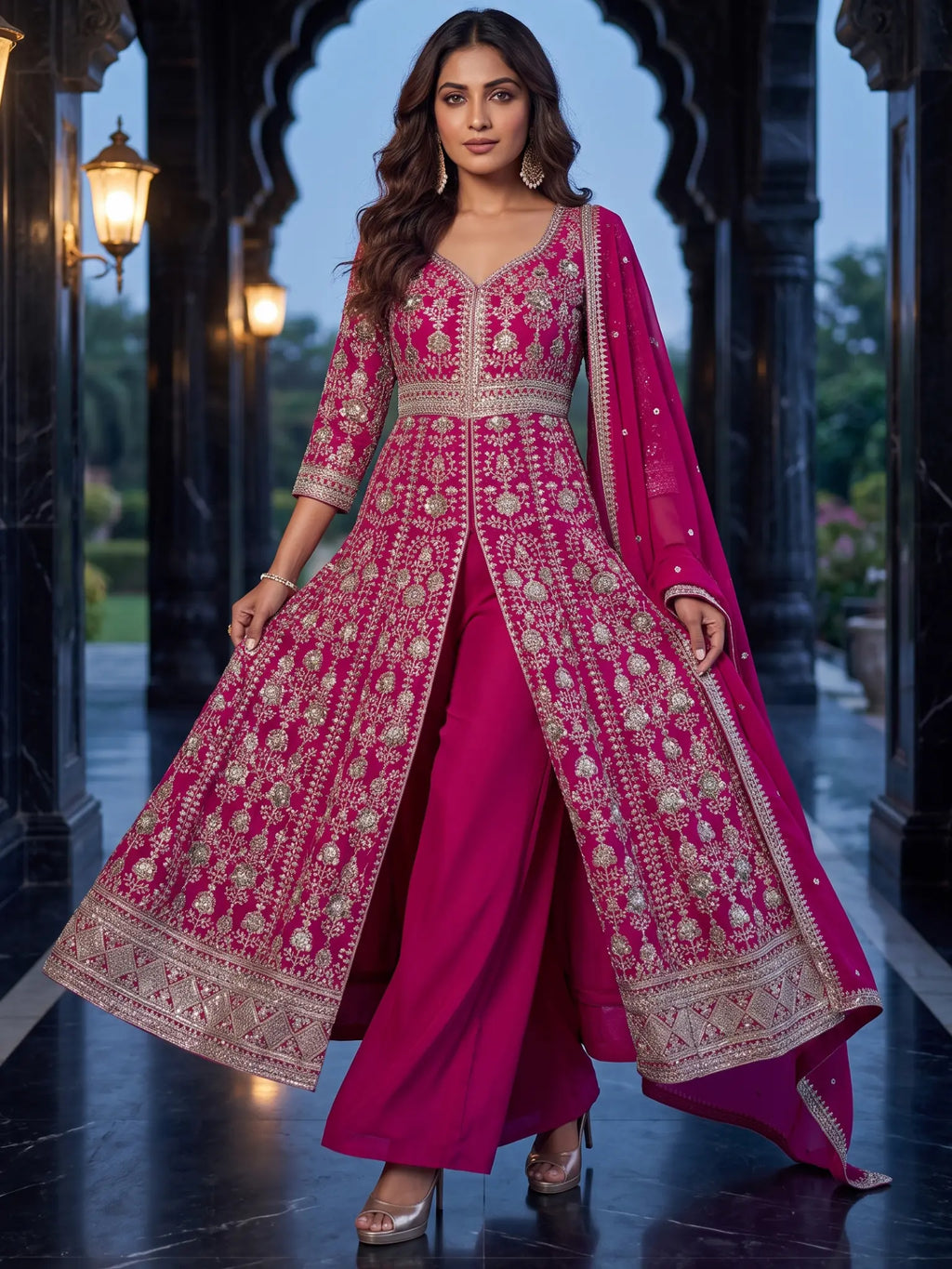 Rani Pink Embroidered Chinon Front Slit Indo Western Palazzo Suit Set - View 4