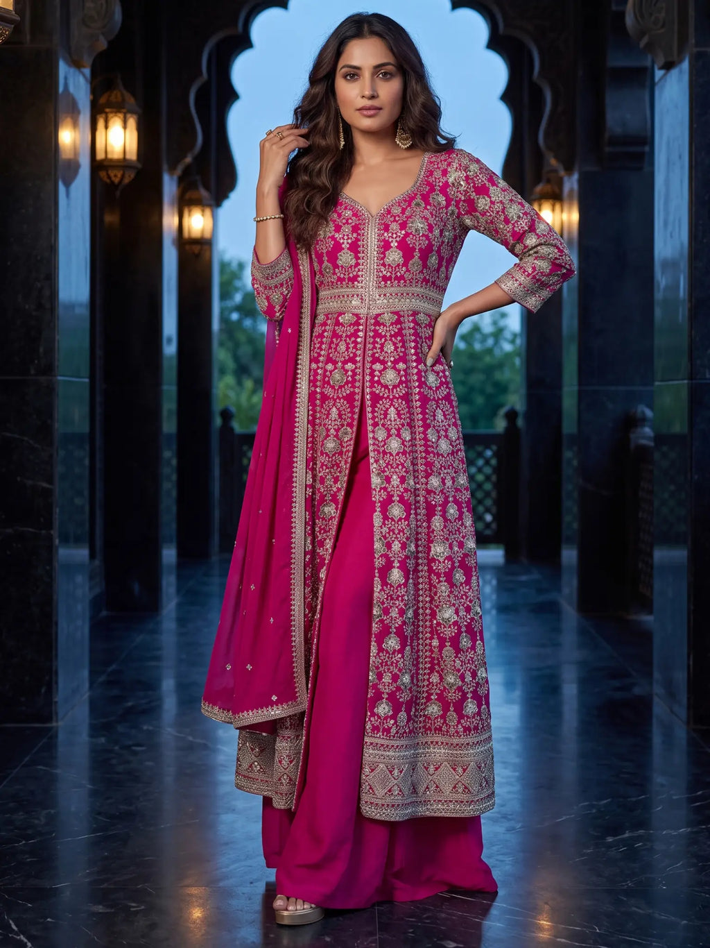 Rani Pink Embroidered Chinon Front Slit Indo Western Palazzo Suit Set - View 1