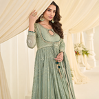 Sage Green Premium Real Georgette Lucknowi Chikankari Embroidered Anarkali Suit with Dupatta