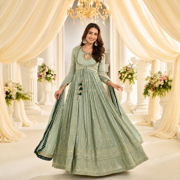 Sage green premium real georgette Lucknowi chikankari embroidered Anarkali suit with embroidered dupatta