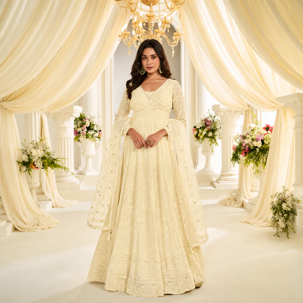 Ivory Premium Real Georgette Lucknowi Chikankari Embroidered Anarkali Suit with Dupatta