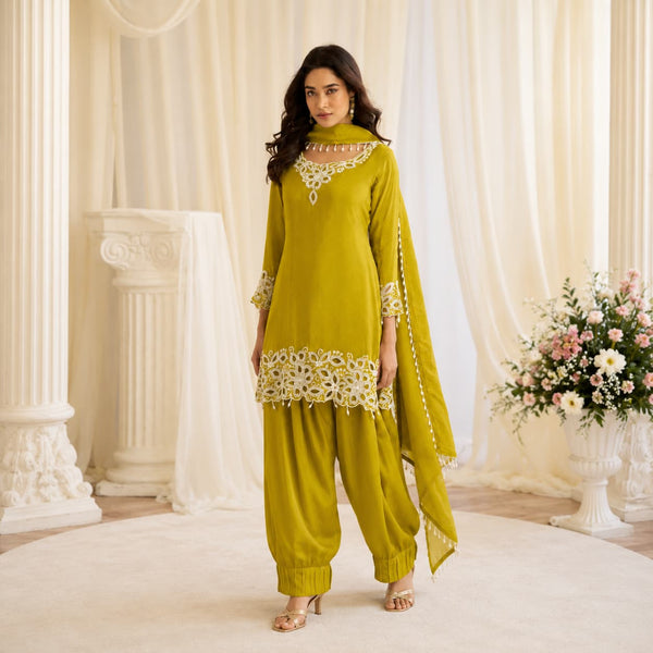 Olive Green Floral Natural Crepe Silk Beads Embroidered Readymade Farsi Palazzo Suit by Naksh Creation