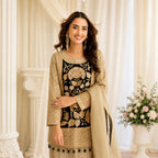 Beige Gold Chinon Silk Embroidered Salwar Suit