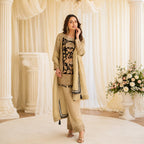 Beige Gold Chinon Silk Embroidered Salwar Suit