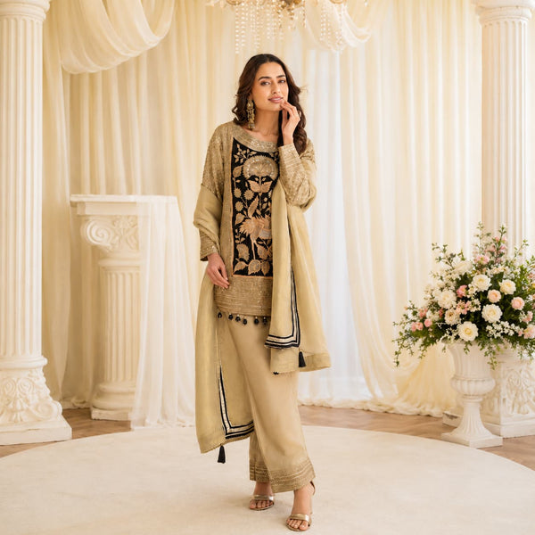 Beige Gold Chinon Silk Embroidered Salwar Suit