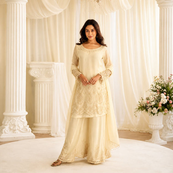 Ivory Floral Natural Crepe Silk Beads Embroidered Readymade Farsi Palazzo Suit by Naksh Creation