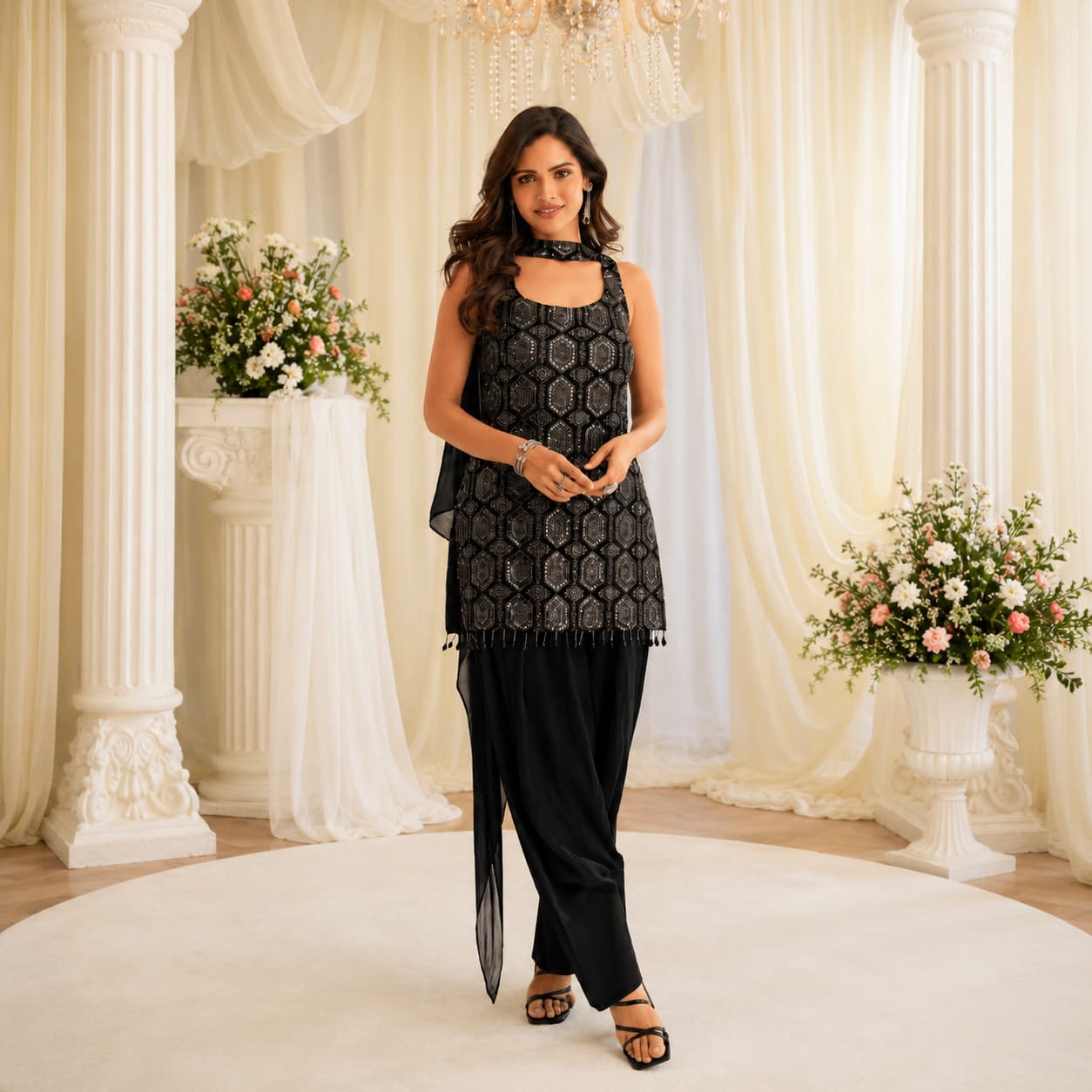 Black Geometric Natural Crepe Silk Beads Embroidered Readymade Farsi Palazzo Suit by Naksh Creation