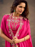 Fuchsia Pink Embroidered Georgette Jacket Lehenga Set - View 2